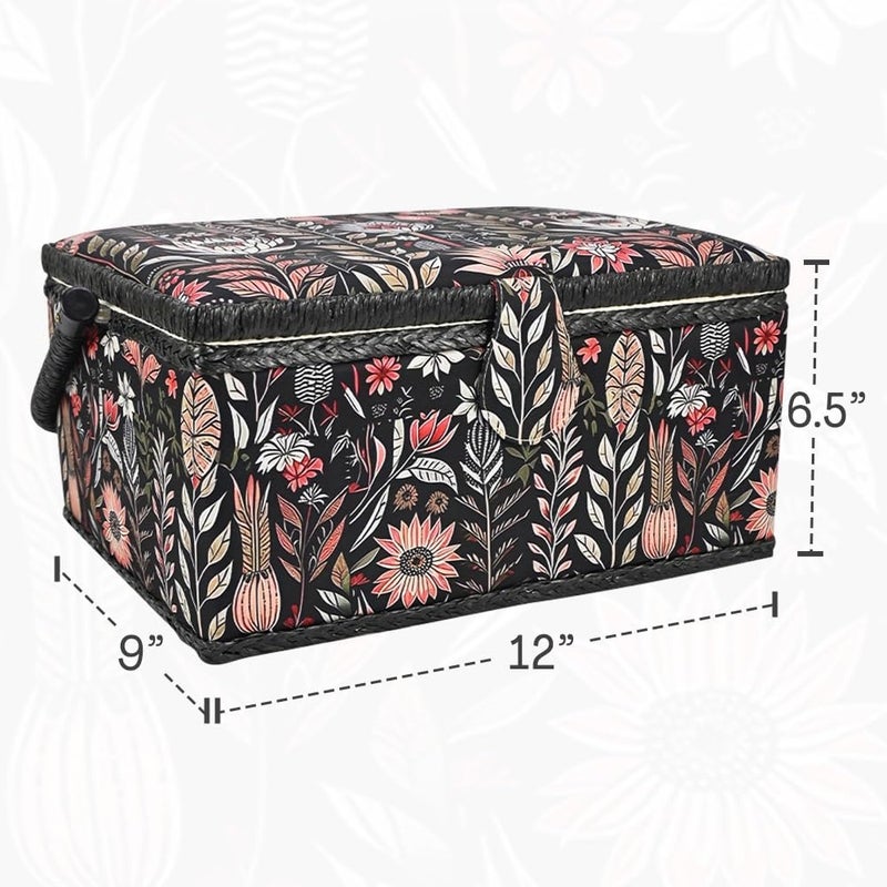 COMFECTO Vintage Black Print Wooden Sewing Basket Organizer, Empty Box With Removable Tray and Built-In Pin Cushion for Supplies, Suitable for Beginners and Experts - Image 3